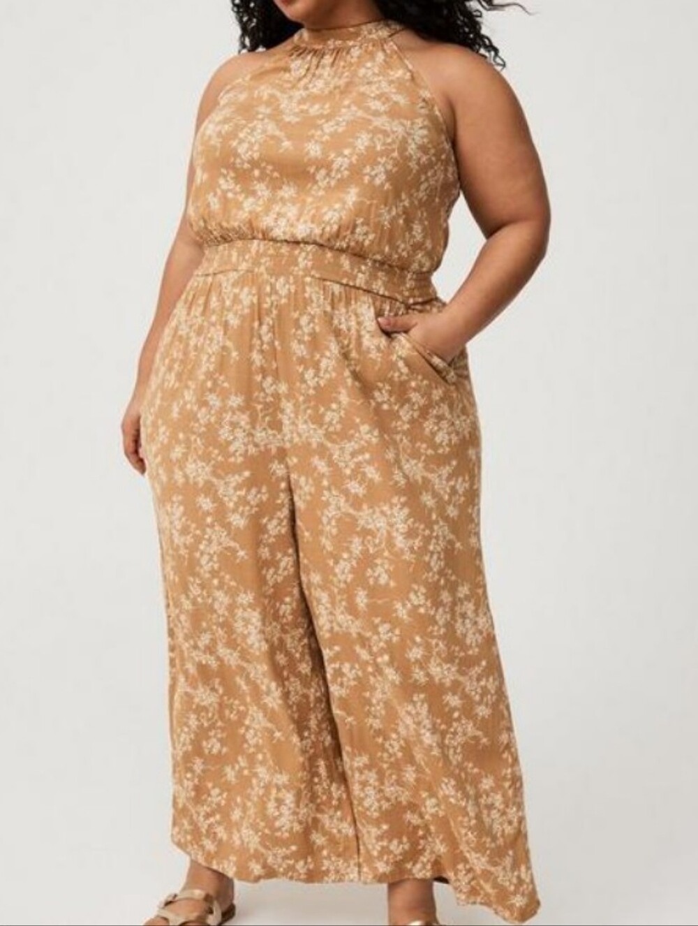 Torrid Women's Tan Floral Halter Jumpsuit